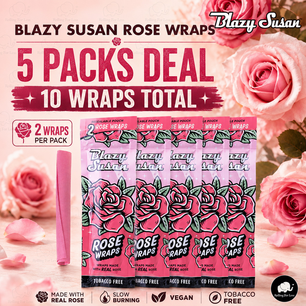 Blazy Susan Rose Wraps 5 Packs 10 Wraps Total Slow Burning Vegan Rose Extract