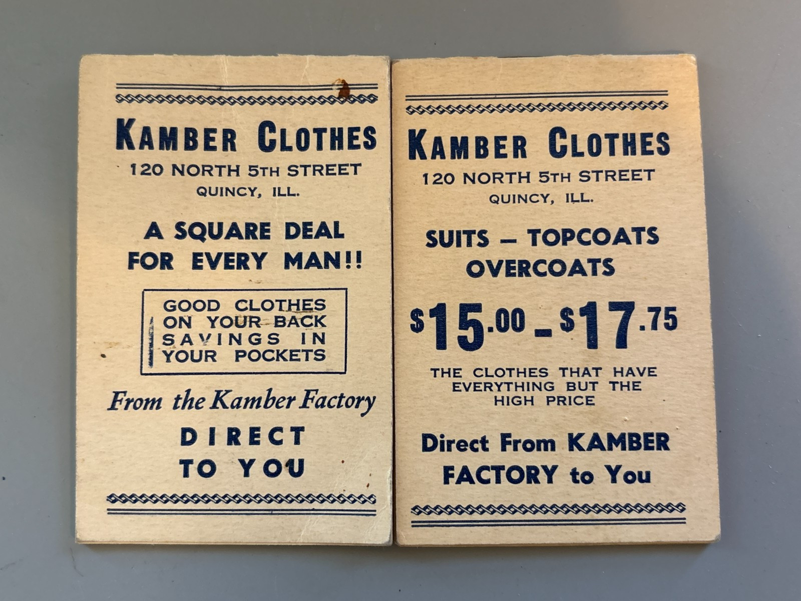 2 Vintage Kamber Clothes Quincy IL Pocket Memo Booklets Advertising Ephemera