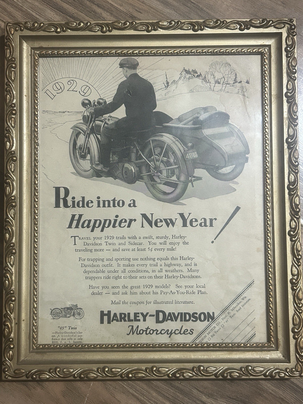 Original 1929 Harley-Davidson Motorcycle Twin Sidecar Framed Vintage Print Ad