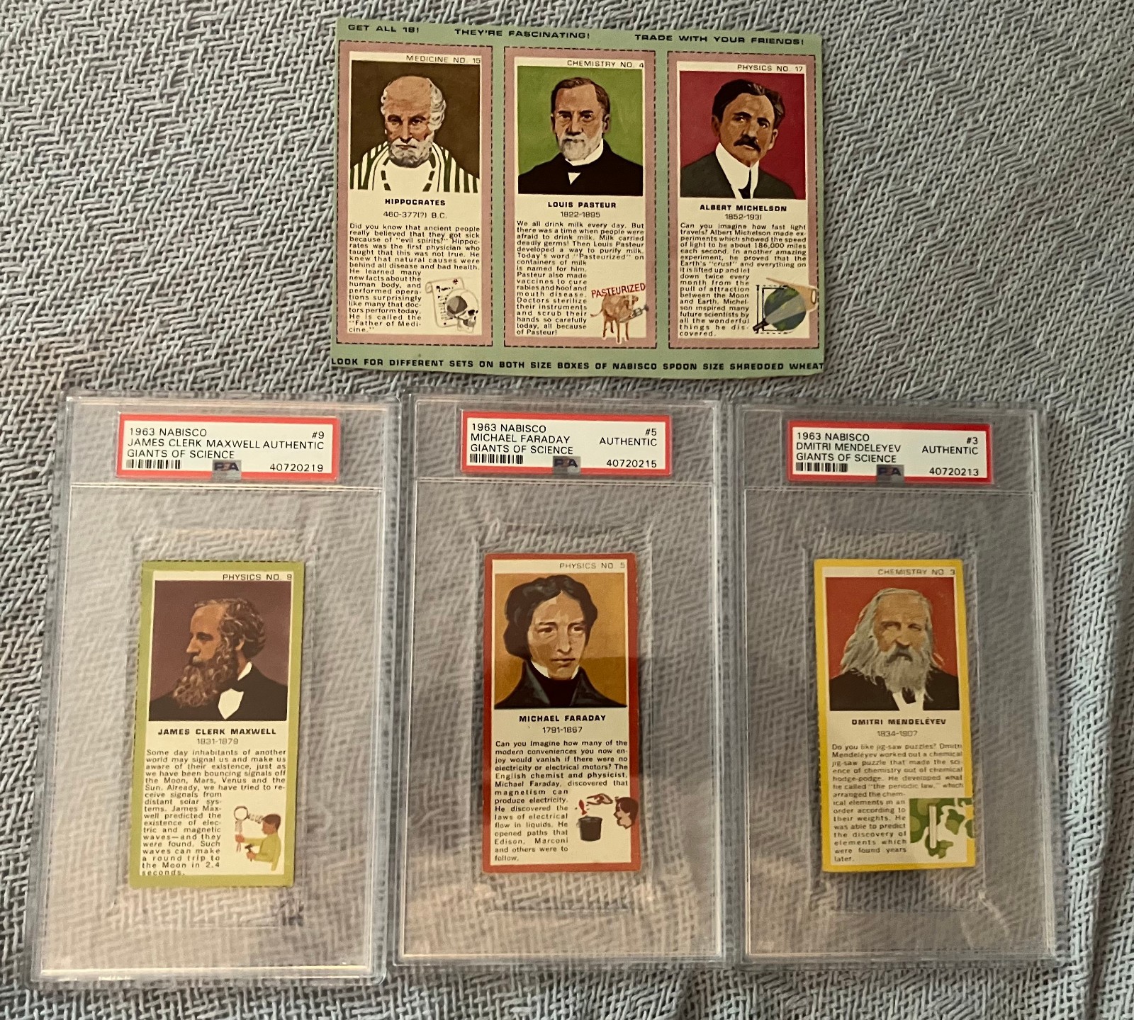 1963 Nabisco Giants of Science cards Lot with Hippocrates uncut strip card