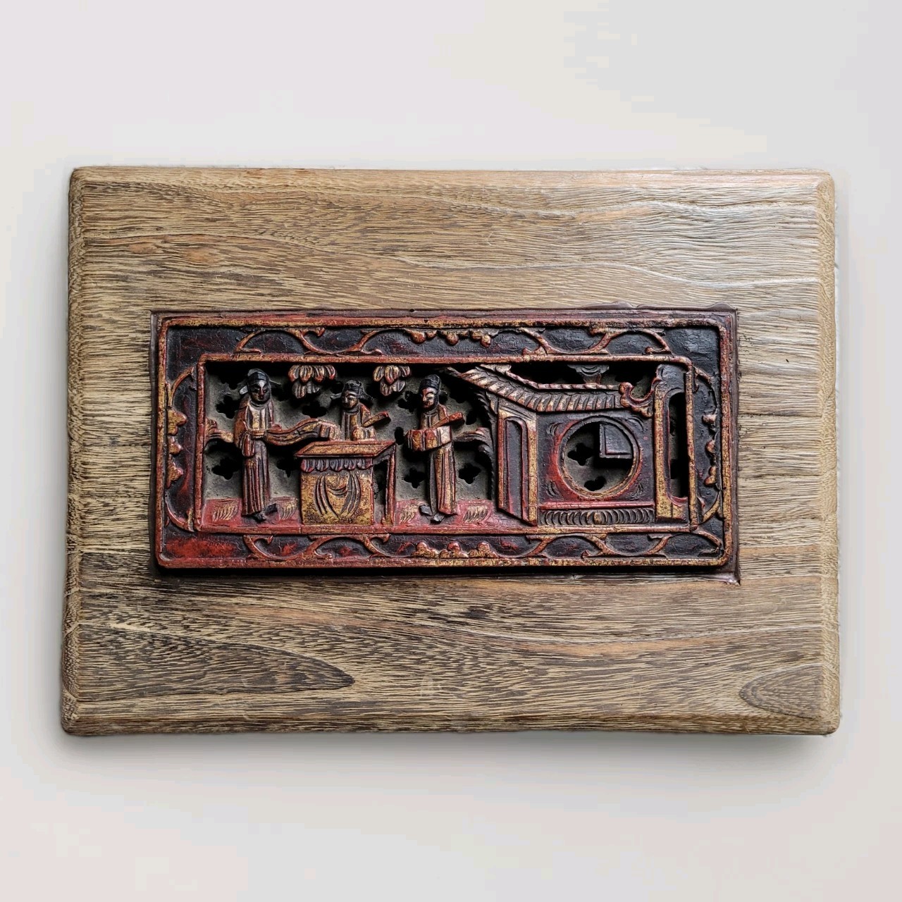 VTG Hand Carved Wood Trinket Box Asian Chinoiserie Relief Scene Jewelry Chest