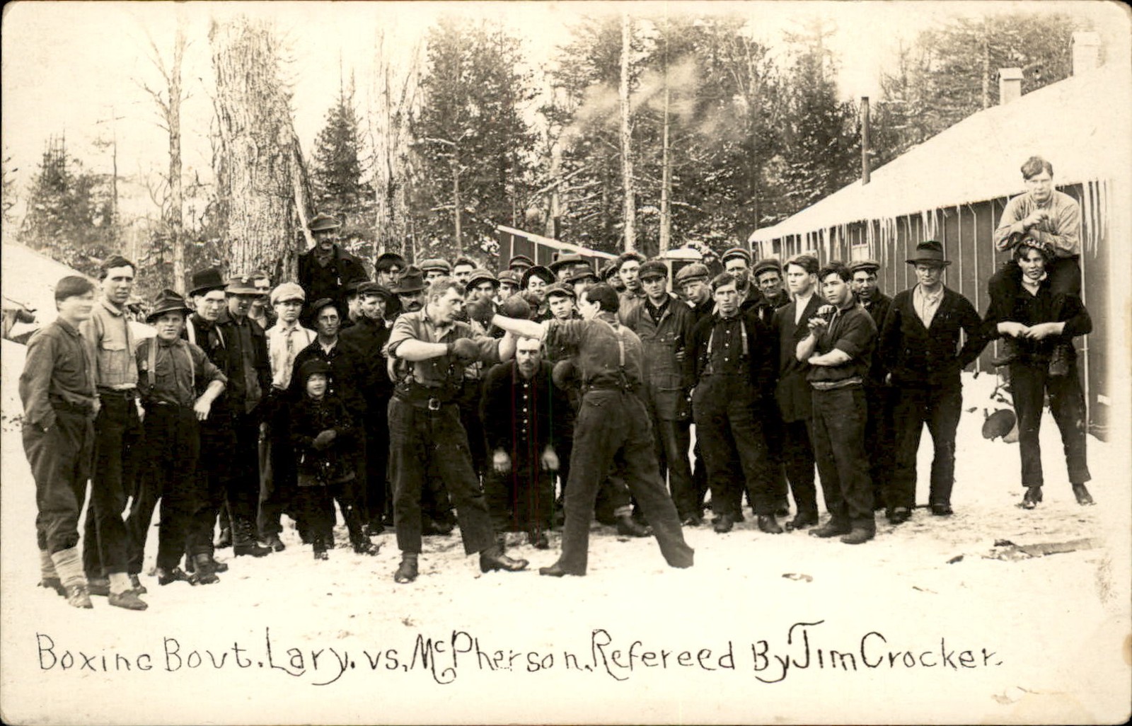 Maine Logging Lumber camp boxing bout w/ Ref c1910 RPPC WOW bhn