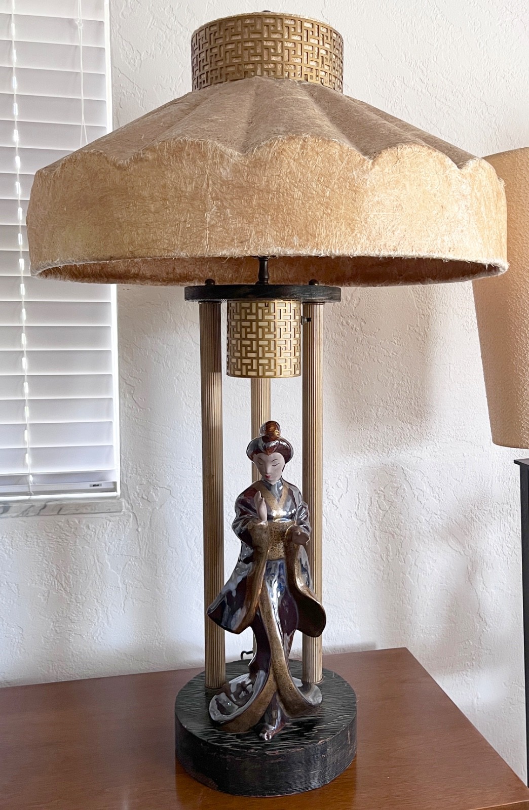 very large MOSS LAMP Japanese geisha figurine mid century cerused wood base 1961