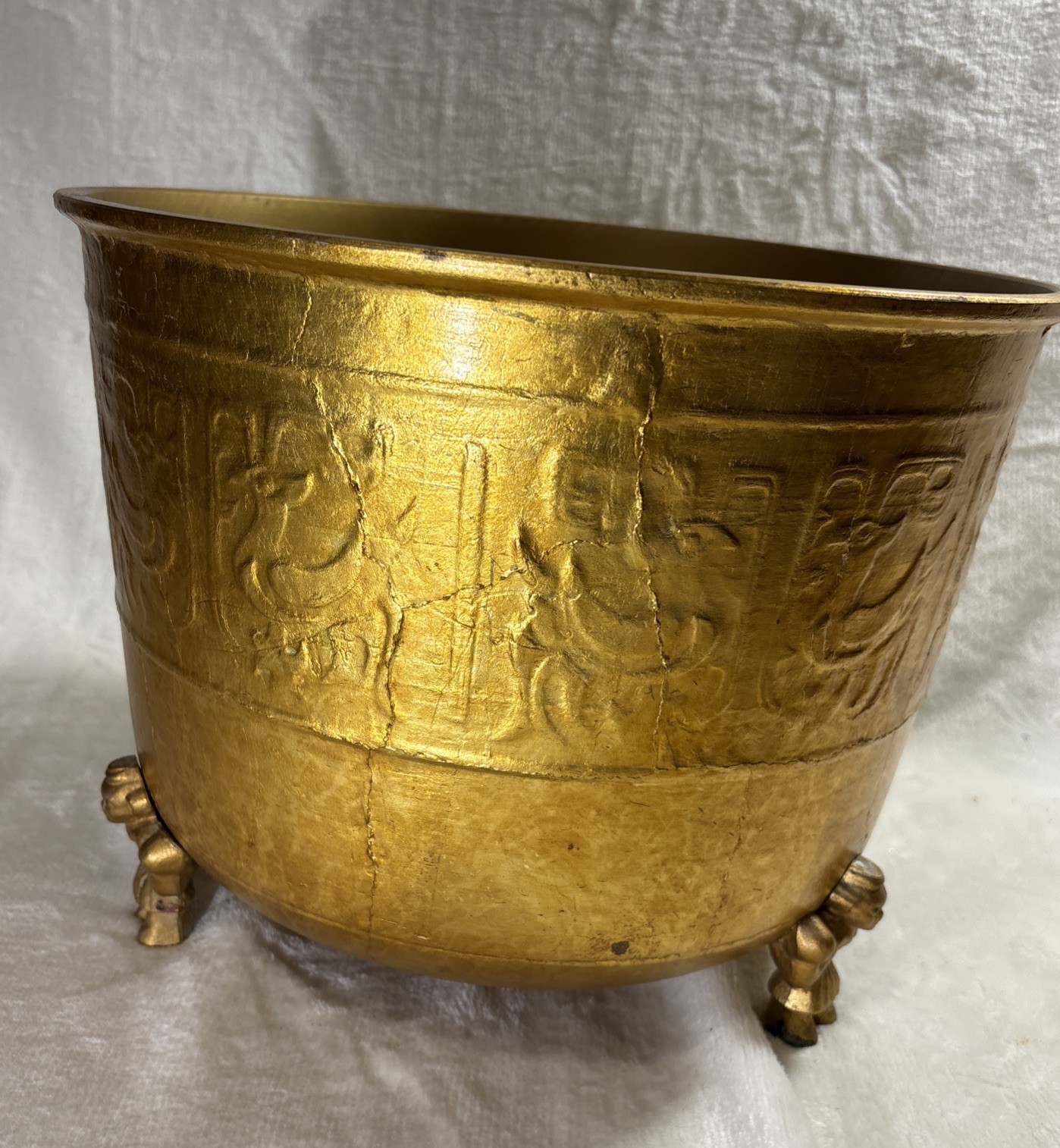 Mid-Century LARGE  VTG Japanese Gilt Brass Archaistic Censer Bowl 10”H X 13L