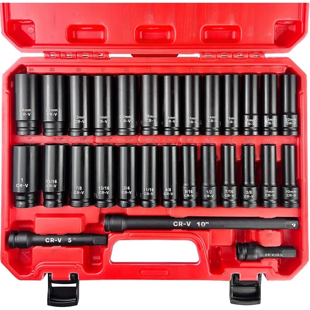 29-Piece 1/2 Inch Drive Deep Impact Socket Set with Extension Bars SAE and