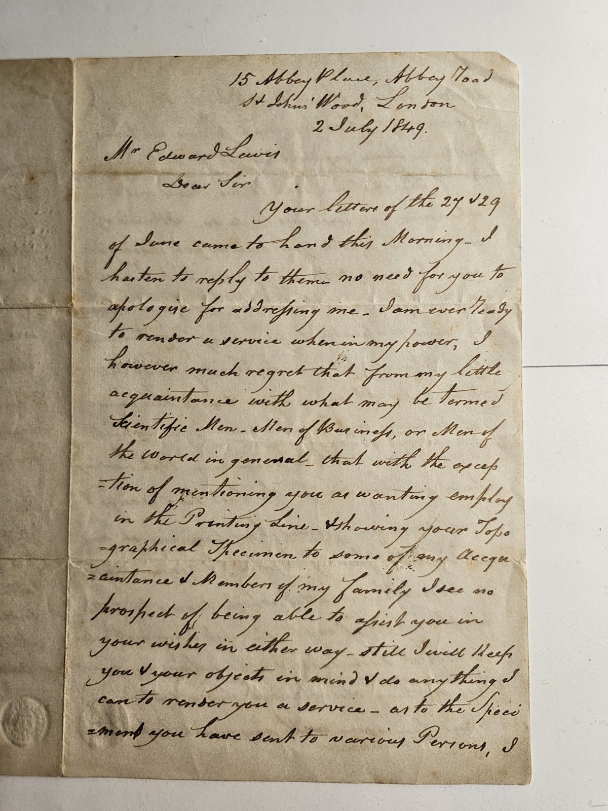 1849 London Letter Philip Camm St Johns Wood Printing Trade Job Search