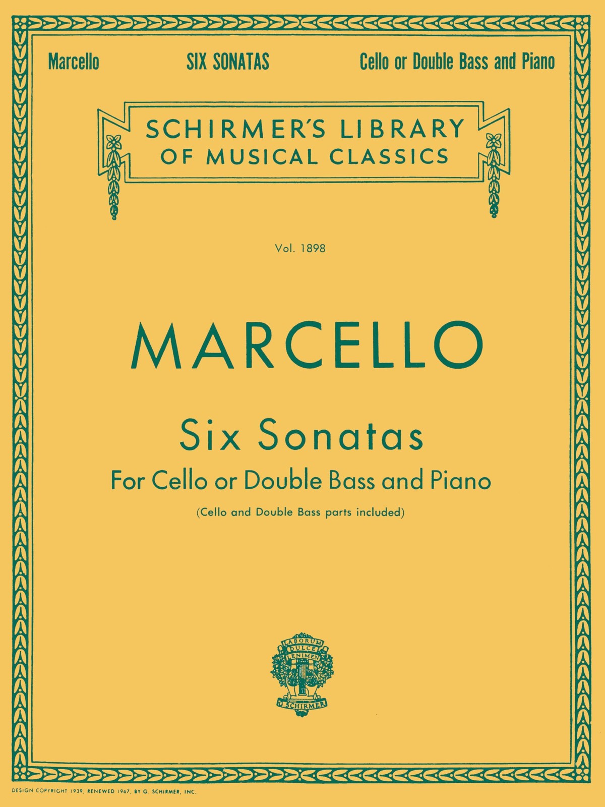 Marcello: Six Sonatas for Cello or Double Bass Piano - Schirmer Library of Class