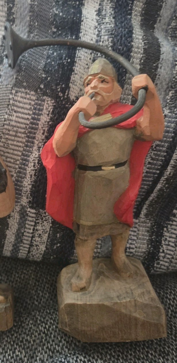 Vintage Henning Hand Carved Wooden Heimdall Viking Figure Norway Horn 9.5
