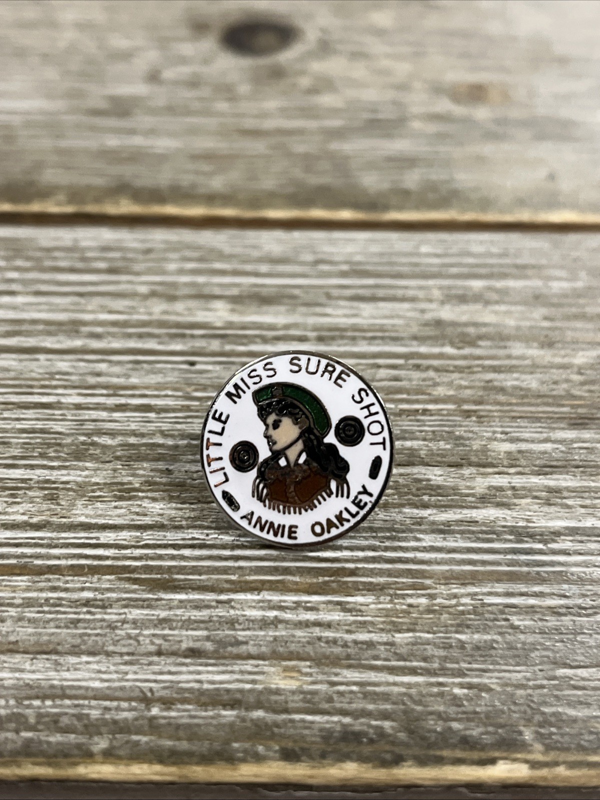 Vintage Rare Silver Toned White Annie Oakley Little Miss Sure Shot Pin