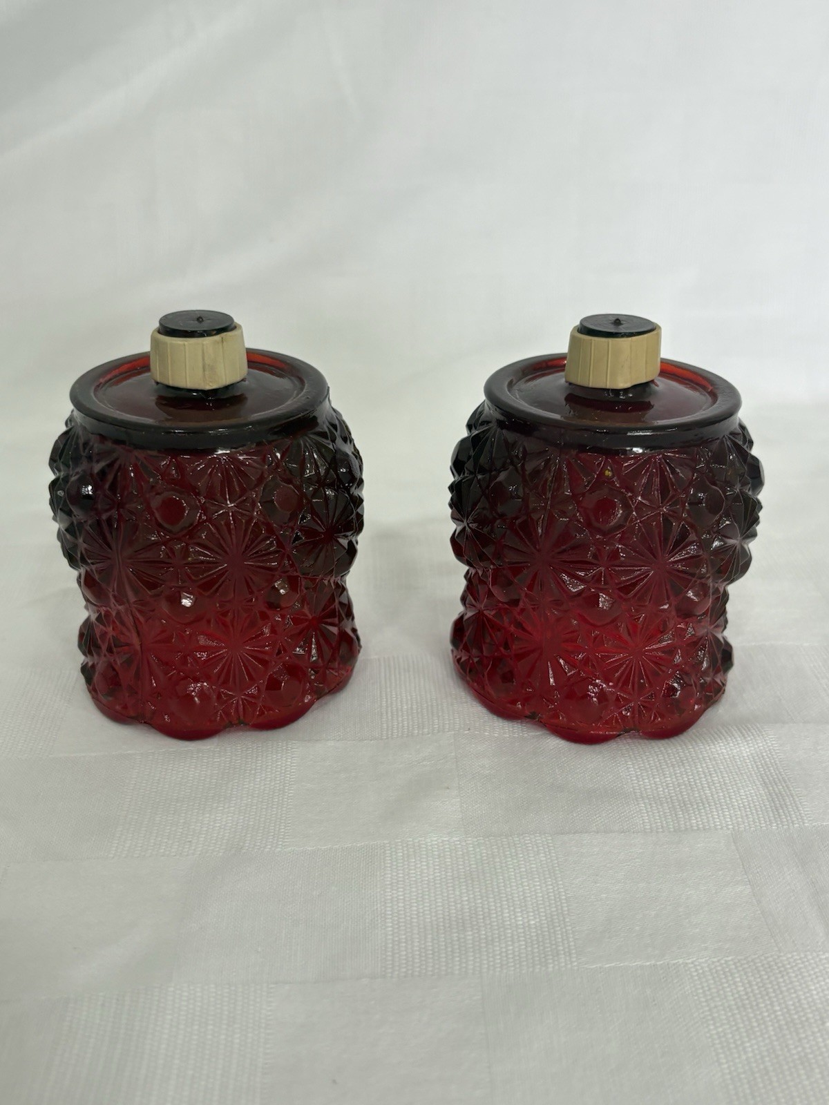 2 VTG HOMCO HOME INTERIORS SHORT RUBY RED DAISY GLASS VOTIVE CUP RARE