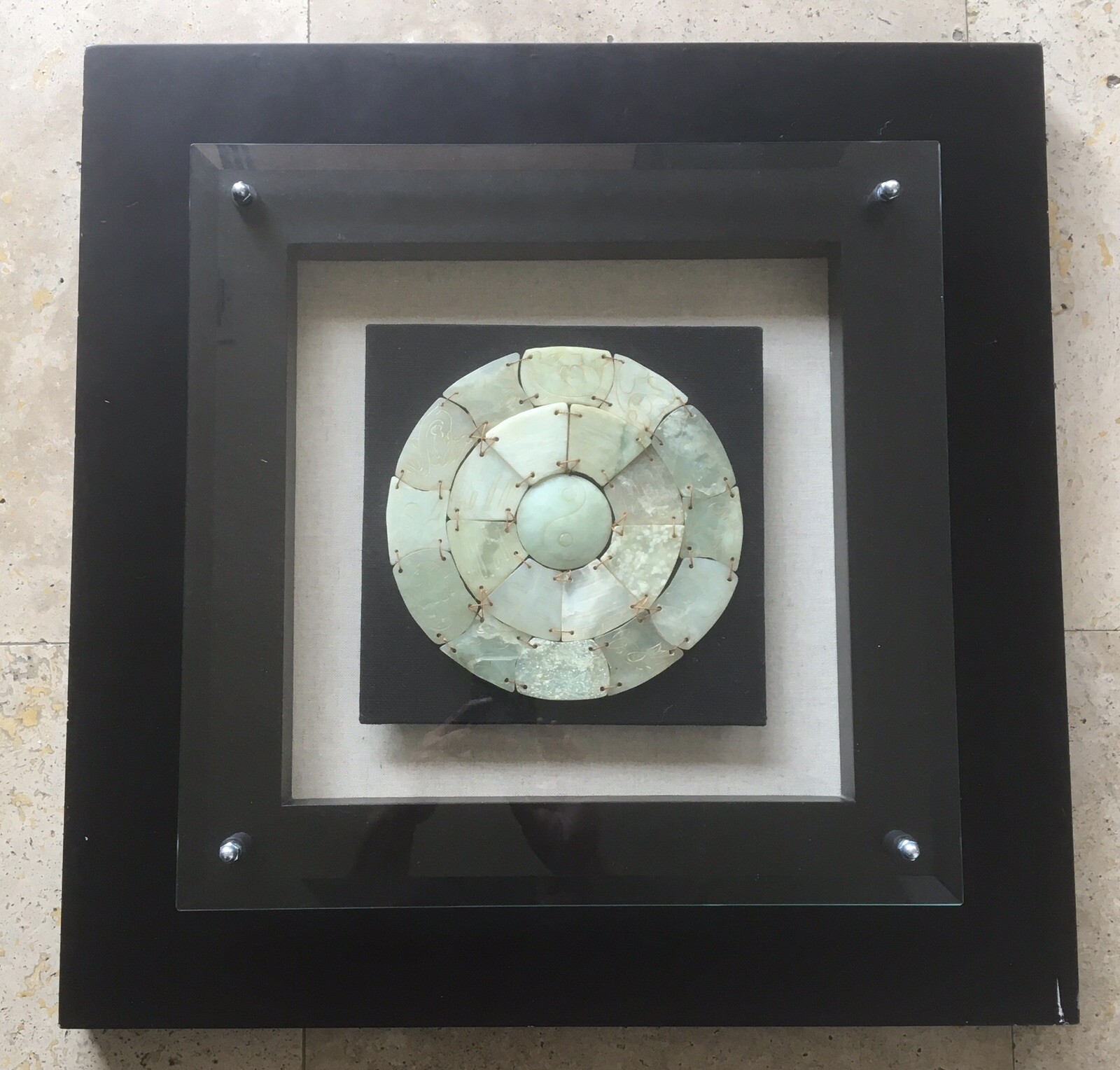 Jade Carved Chinese Zodiac Signs Yin & Yang Center in Heavy Shadow Box Frame Jade Carved Chinese Zodiac Signs Yin & Yang Center in Heavy Shadow Box Frame