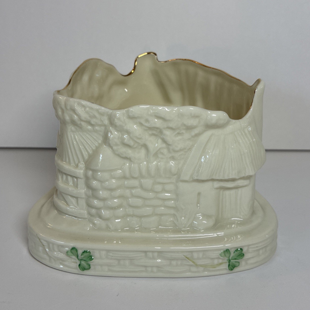 Vintage Belleek Ireland Shamrock Cottage Candle Holder 8th Blue Mark #1842 As Is