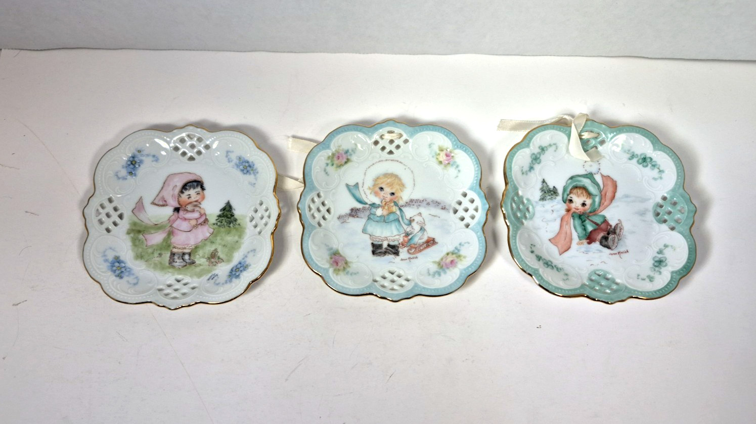 Vintage Jean Mallish very rare Porcelain Dishes  Set of 3 Seasons