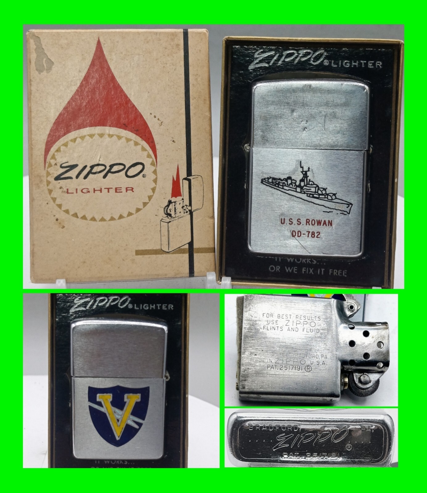 Vintage 1958 U.S.S Rowan DD-782 Double Sided Zippo Lighter Pat. 2517191 With Box