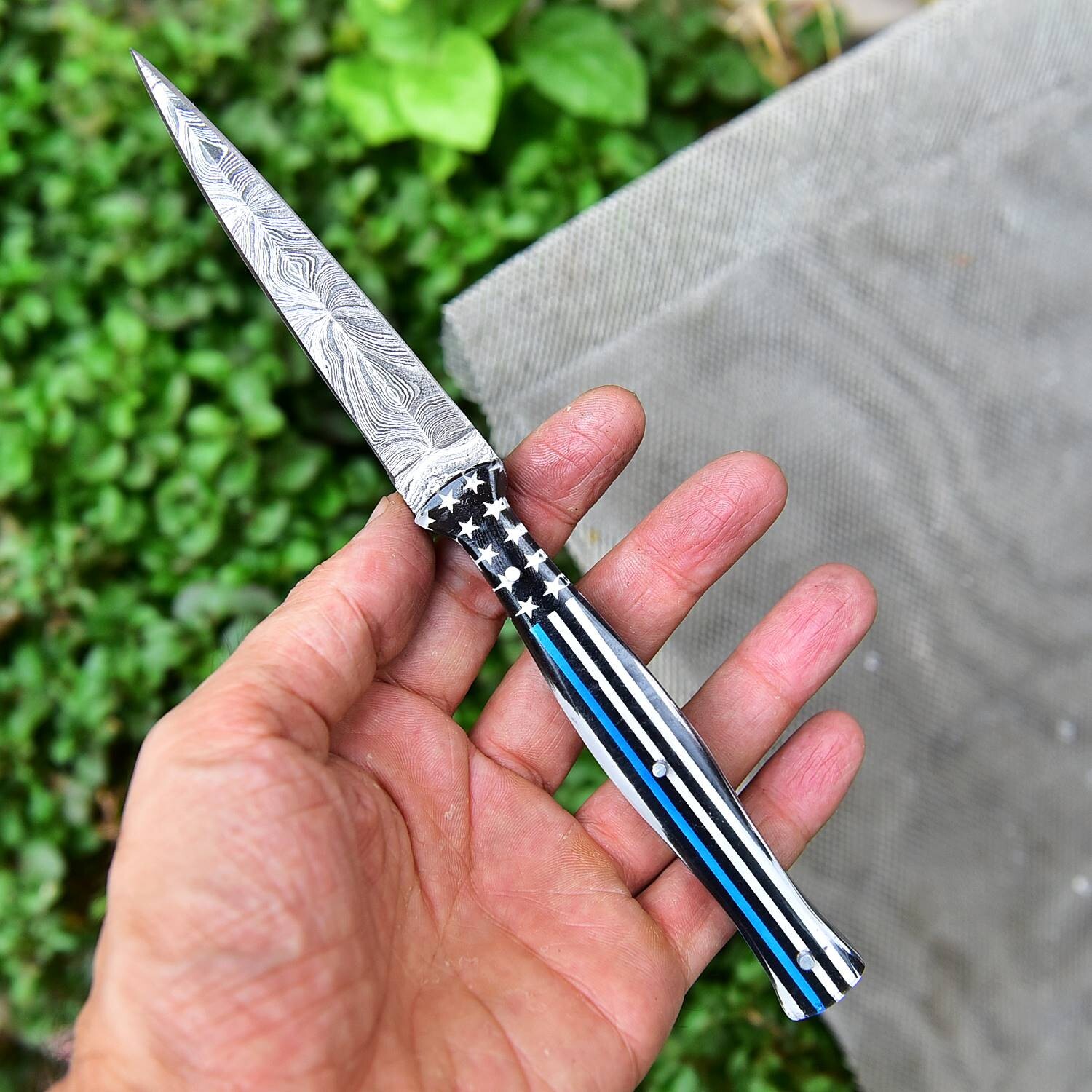 MEMORIAL Purple Flag Handmade Damascus Steel Dagger Boot knife Full tang