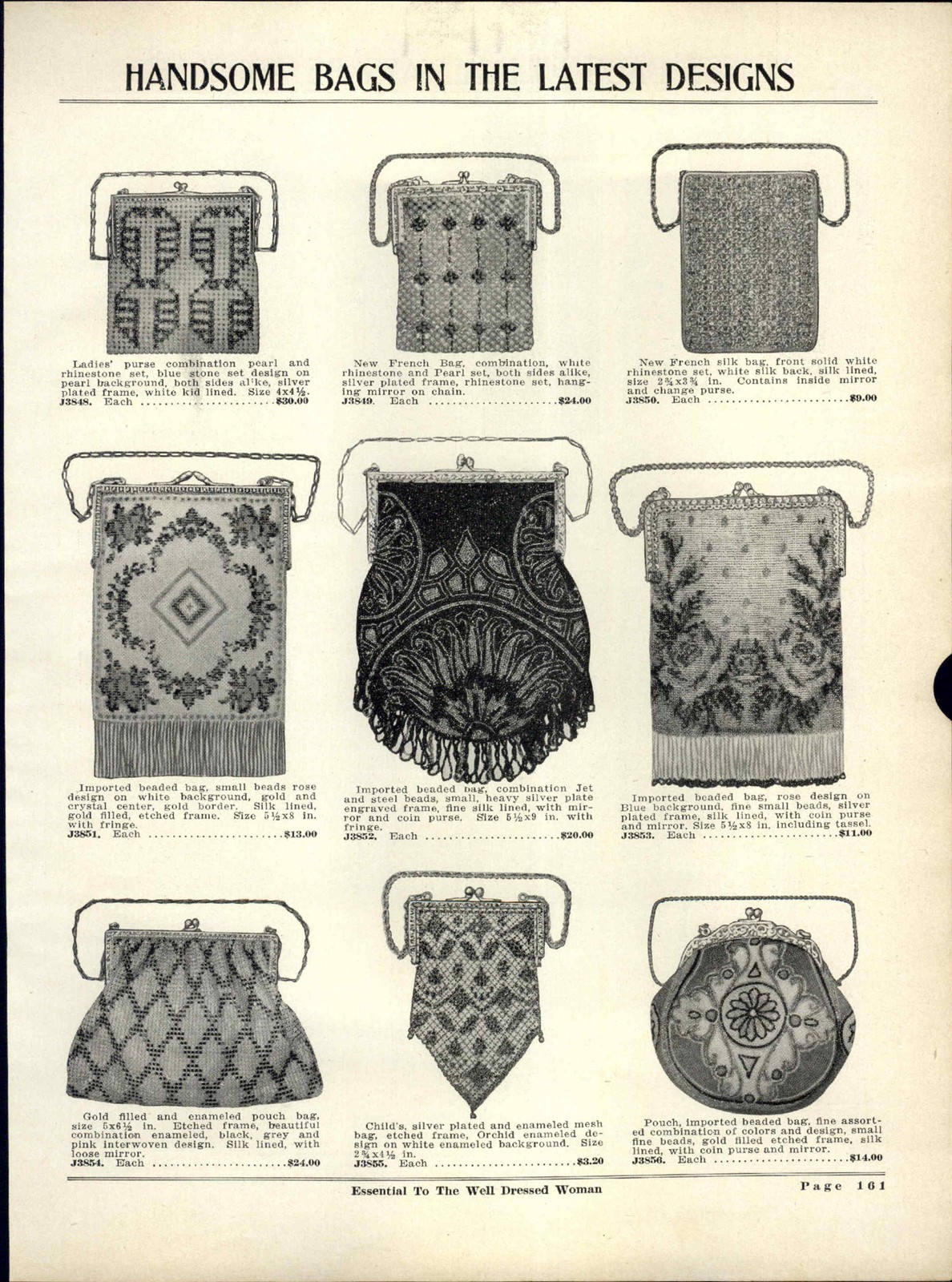 1927 PAPER AD Ladies Rhinestone Steel Beaded Bag Purse Silver Gold Mesh Enameled