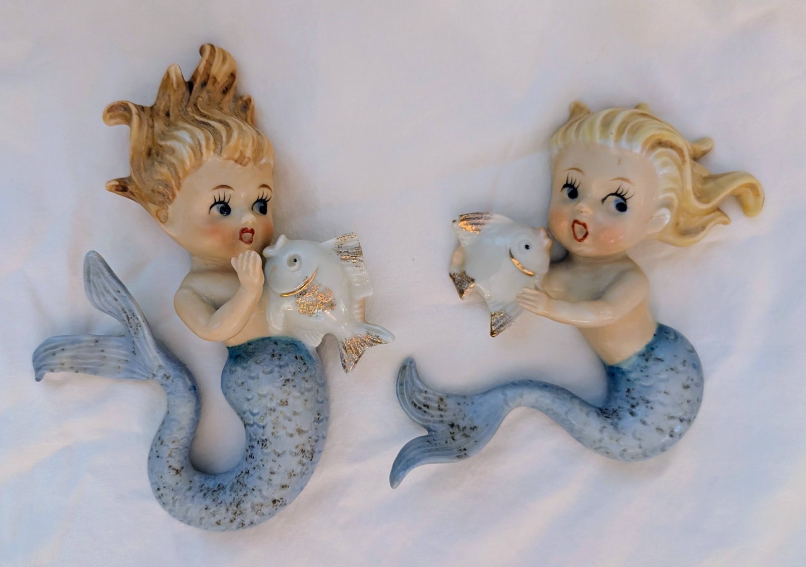 2 Vintage Mid Century Norcrest Mermaids ceramic wall plaques coastal bath kitsch