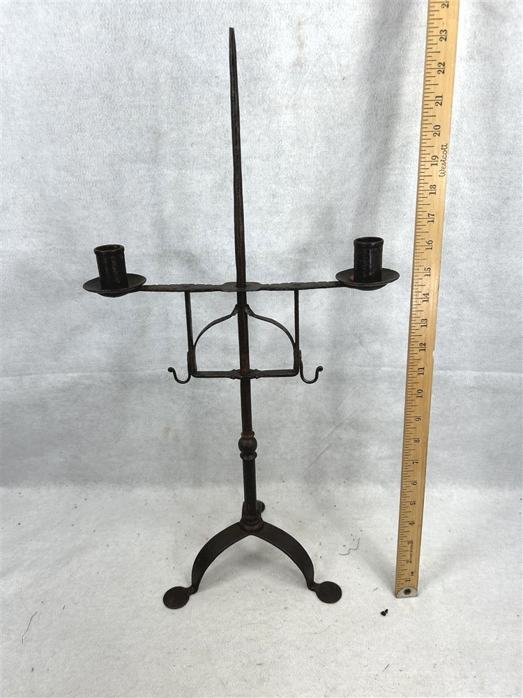 antique candle holder stand double arm hand forged iron 17th c old replica