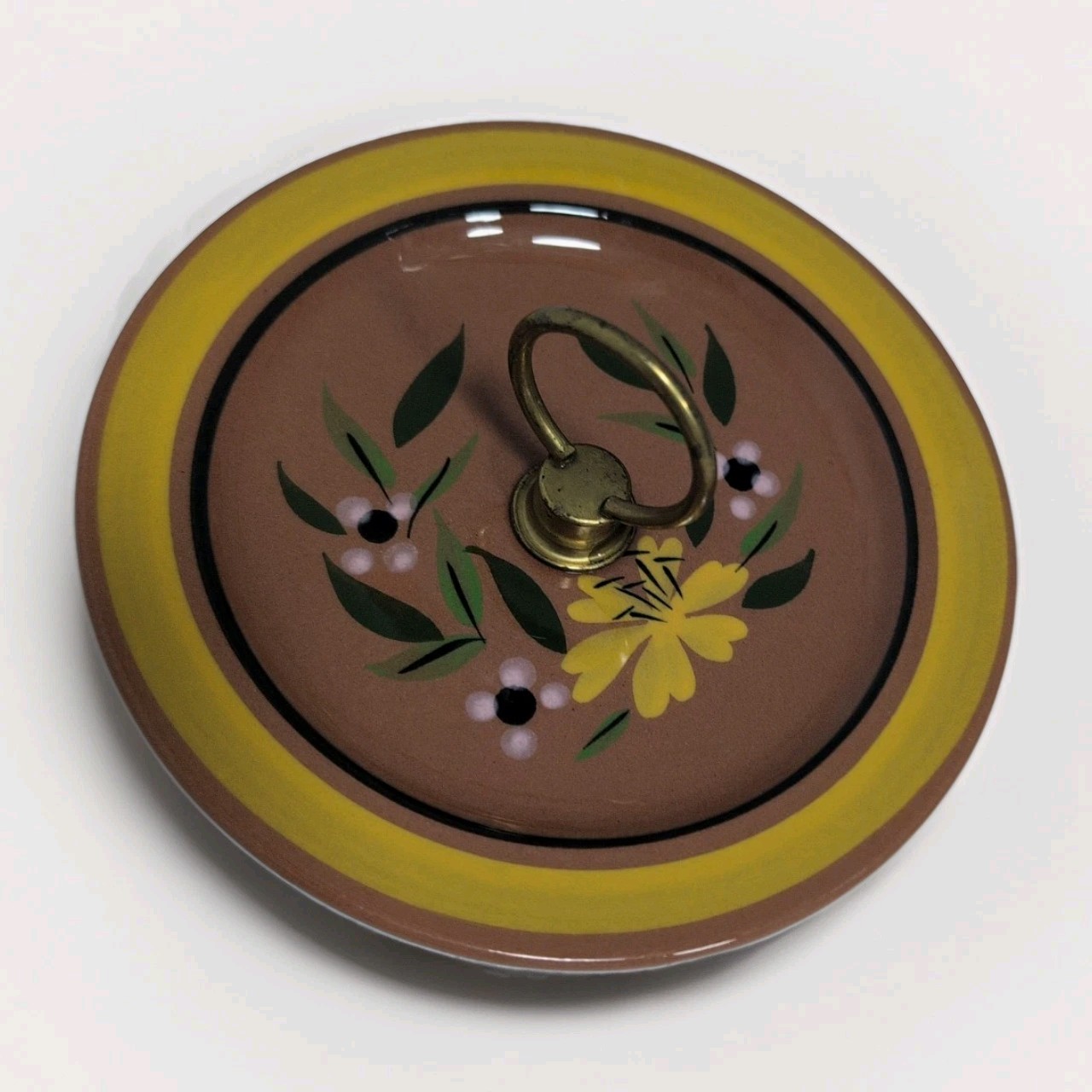 Vintage Stangl Red Stoneware Hand Painted Yellow Flowers Tidbit Dish