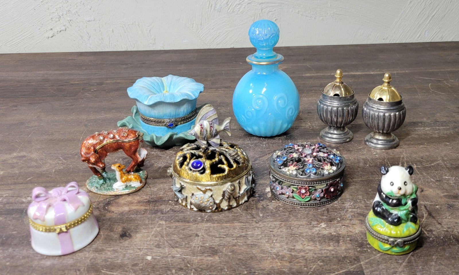 Vintage Trinket Boxes Lot of 9 Metal And Porcelain Animals Sea Life Floral