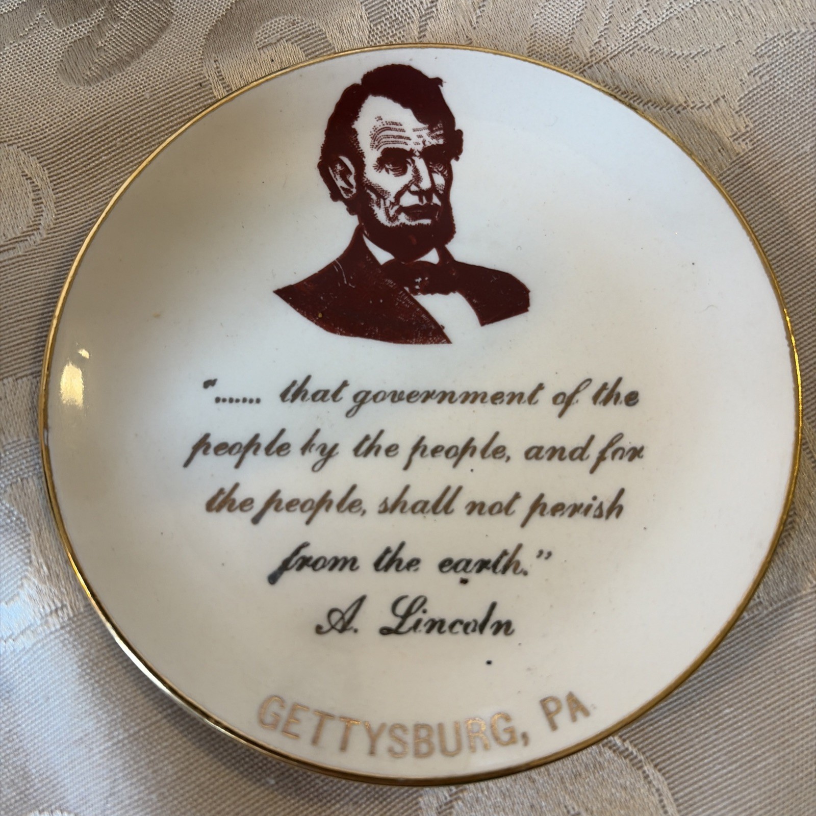 Vtg Abraham Lincoln Small Collector Plate Gettysburg Address Democracy 4 5/8”