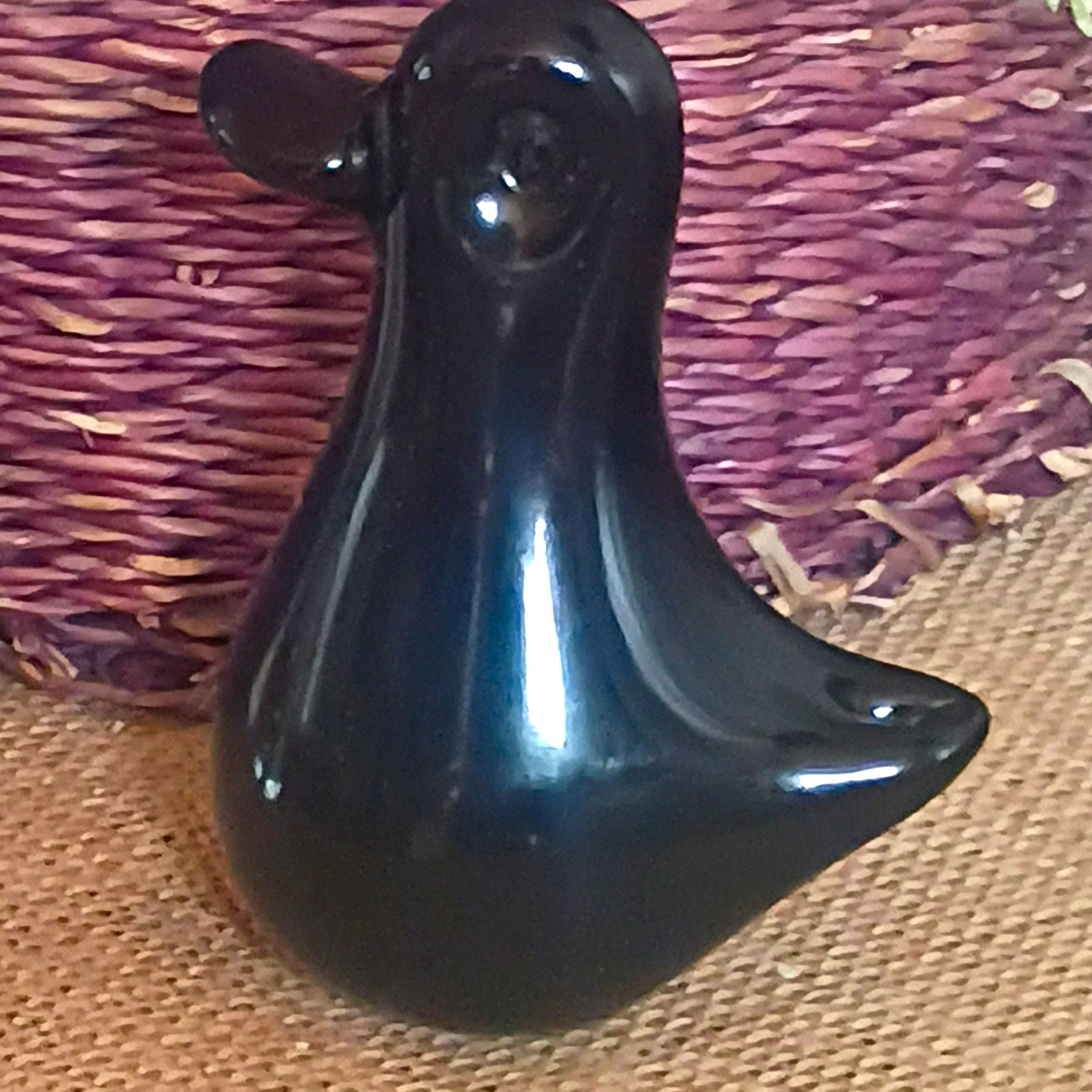 Vintage MCM Minimalist Black Glass Duck Figurine Paperweight Polished Flat Base