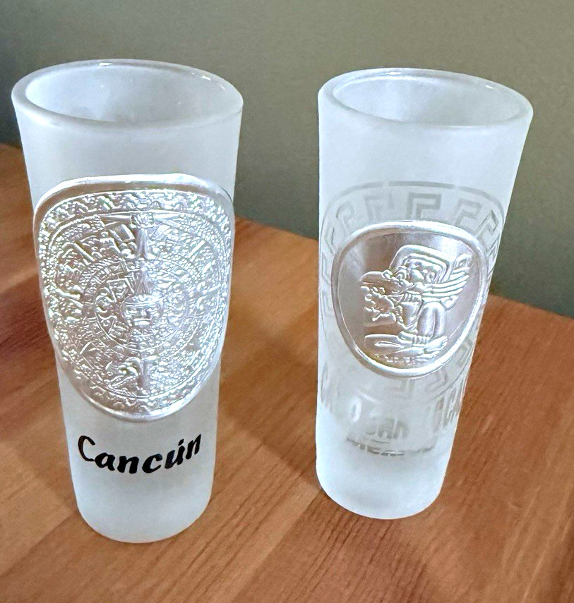 2pc Cancun Souvenir Frosted Glass Shot Glasses, Decorated Novelty Round
