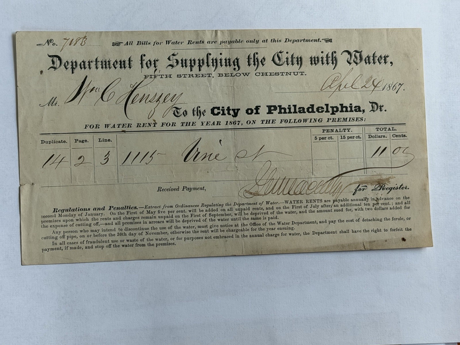 1867 Philadelphia Water Rent Billhead Receipt Gothic Typography Ephemera Vtg 