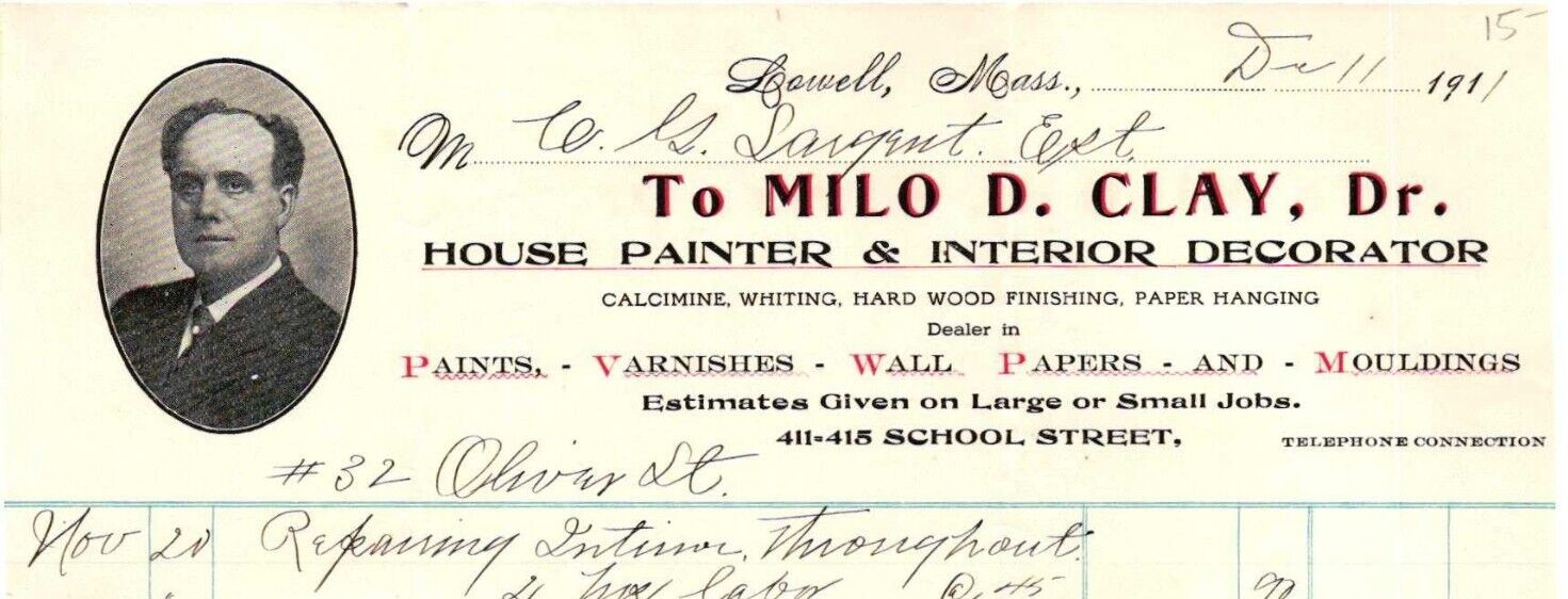 Vintage BILLHEAD*1911 MILO CLAY*House Painter*Interior Designer*Lowell MA (O20)