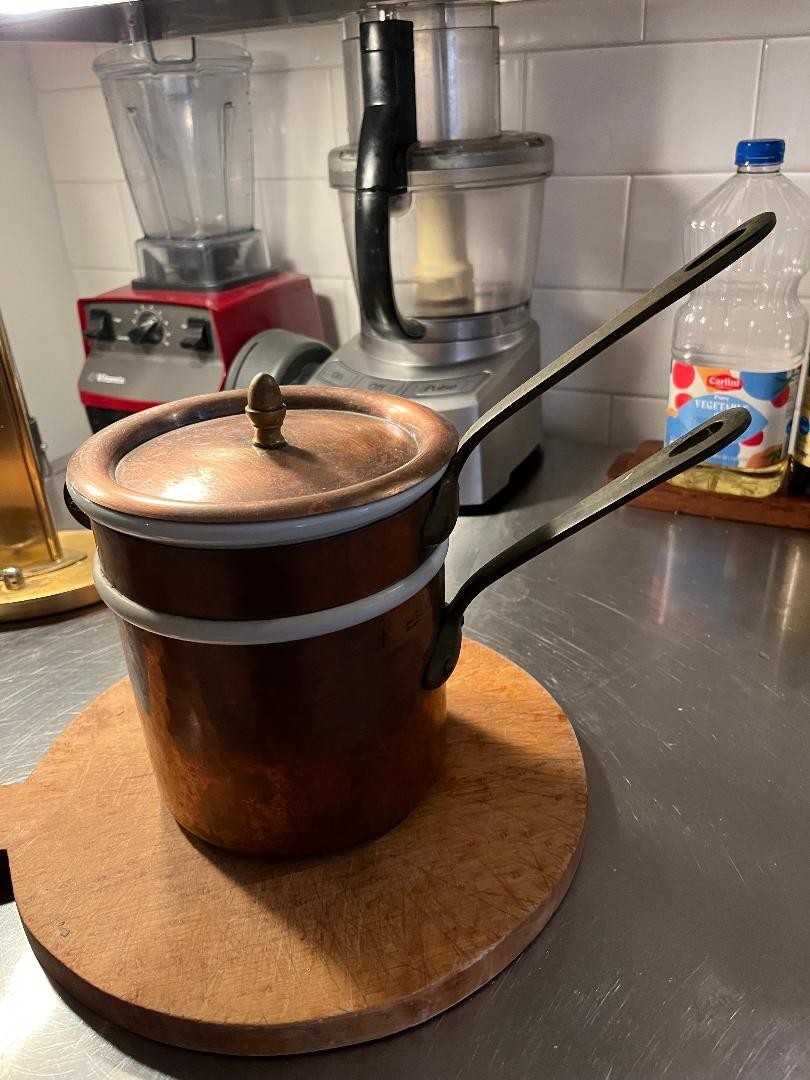 VINTAGE Williams Sonoma France Apilco Porcelain Hammered Copper Double Boiler