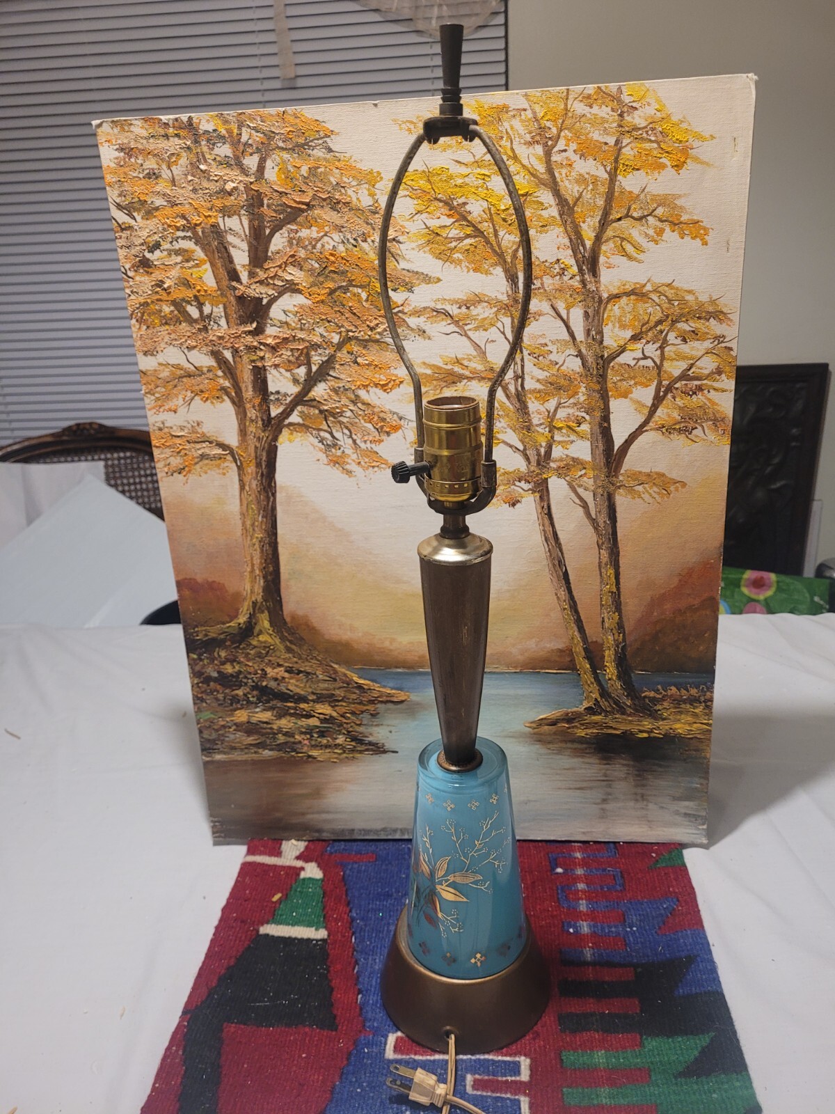 Vintage Mid Century Aqua Turquoise Floral Glass And Wood Lamp