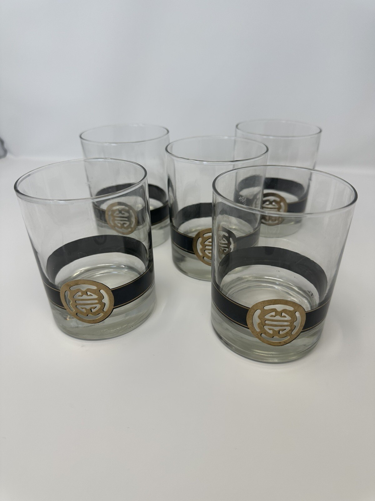 5 Vintage MCM 1960’s Cera Lowball Whiskey Glasses with Gold Chinese Shou Symbol