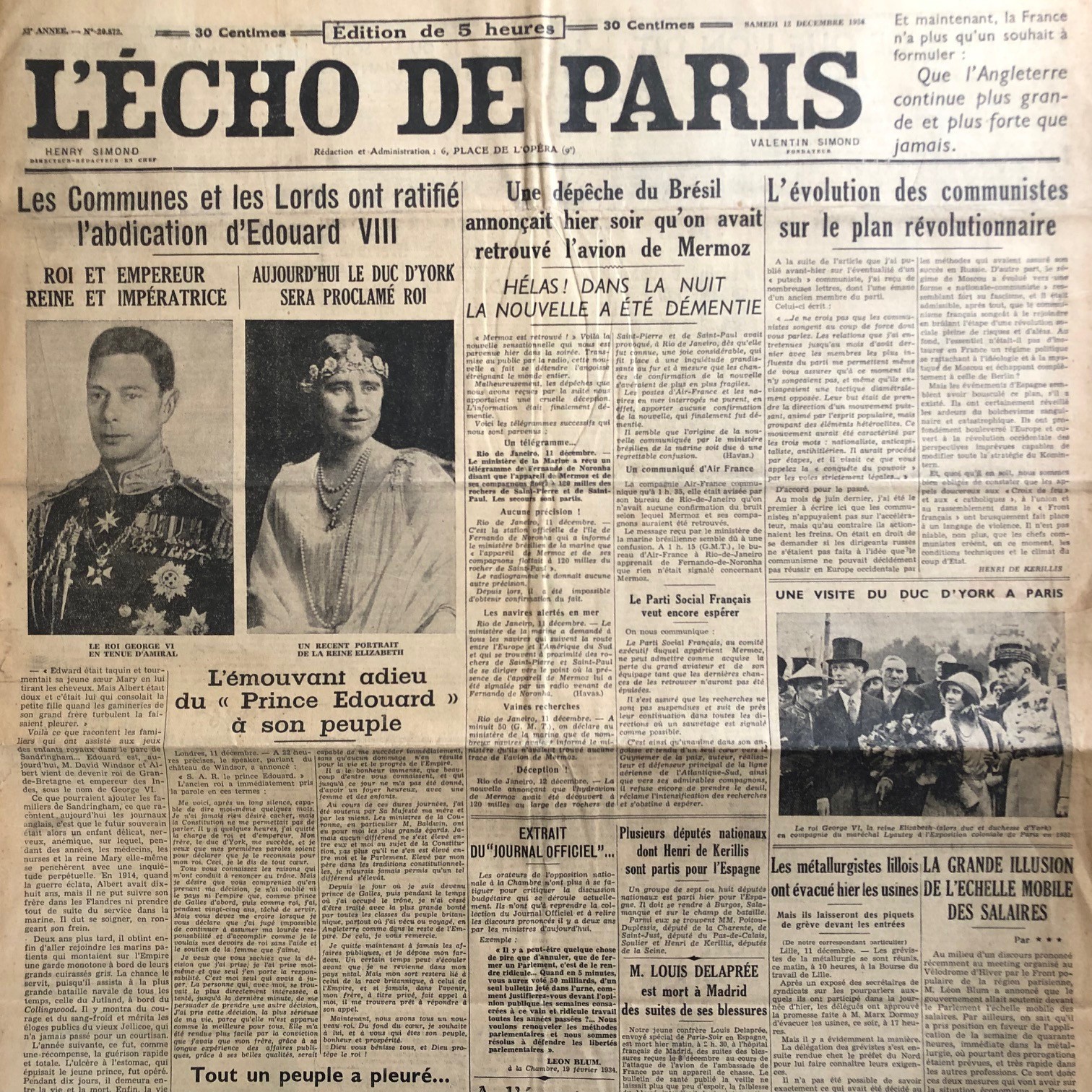Journal L'ECHO de PARIS 12/12/1936 # Abdication Edward VIII #Disappearance MERMOZ