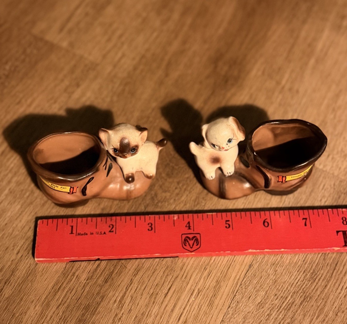 1964 IL State Fair Enesco Japan Shoe Planters; Cat Dog Kitsch E-3381 E-3441 MCM