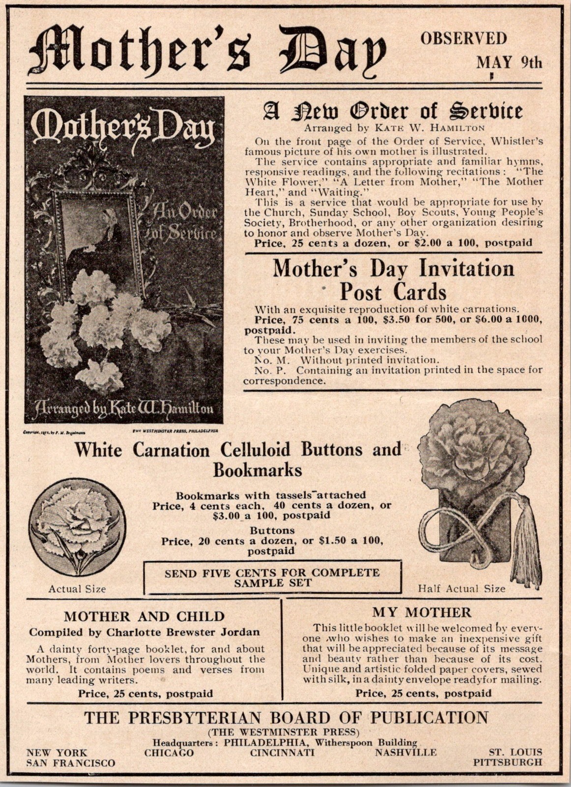 1915 Methodist Book Mother\'s Day Presbyterian Board Publication 1915 Ad 5AK9-3