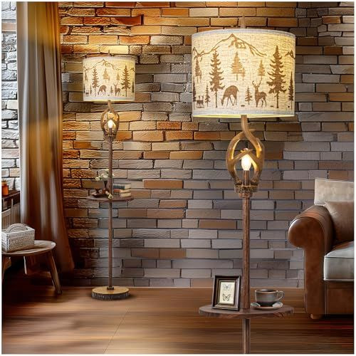 Scenekoy Vintage Deer Antlers Floor Lamps for Living Room with Metal Tray
