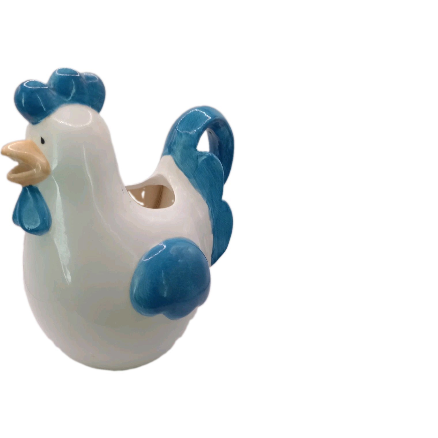 Ceramic Chicken Rooster Pitcher Blue White Country Cottagecore 9 1/2 X 9 In