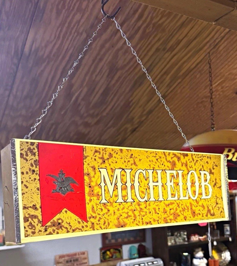 Vintage Michelob Hanging Lighted Beer Bar Sign w/ Chain - Breweriana Theme Sign Vintage Michelob Hanging Lighted Beer Bar Sign w/ Chain - Breweriana Theme Sign