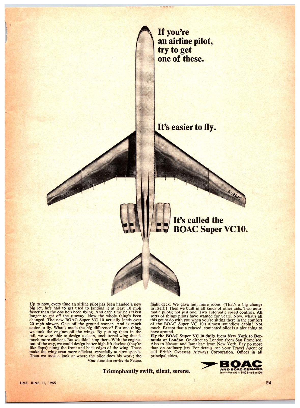 1965 BOAC Airlines Super VC10 Original Print Ad (8in x 11in) Advertisement