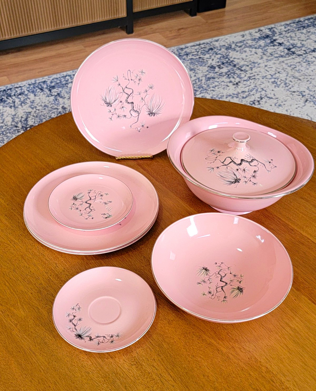 Vintage Taylor Smith Taylor Dwarf Pine Pink 8 Pc Lot MCM 1950s Platinum TS&T