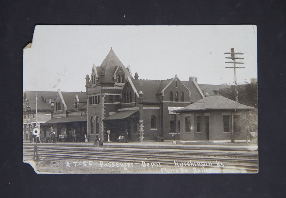 circa 1910 Real Photo Postcard / RPPC Santa Fe Railroad Depot, Hutchinso, Kansas