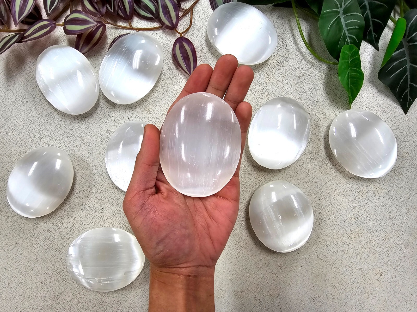 XL Selenite Palm Stone 3 INCHES Natural Celenite Oval Palmstone Soap Stone