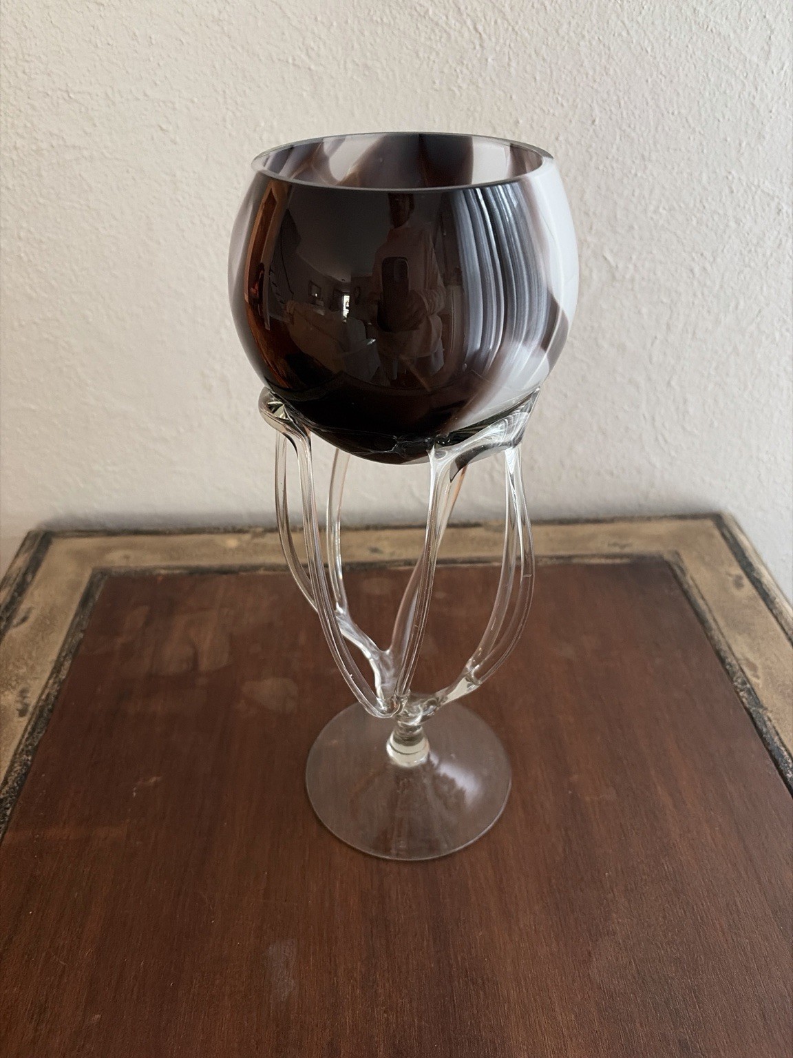Vintage Hand Blown Art Glass Goblet Smoke Brown Applied Cage Spider Stem 11.5”