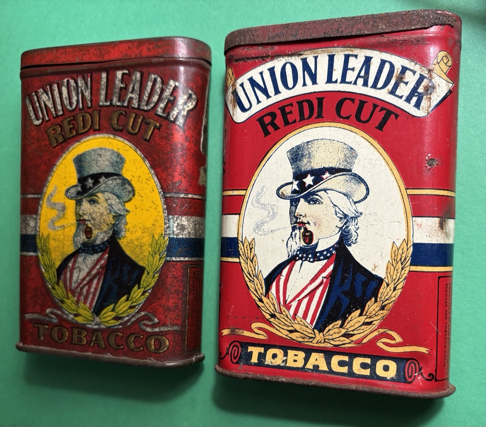 2) Vintage Union Leader Uncle Sam Tobacco Tins Variation White Yellow Background