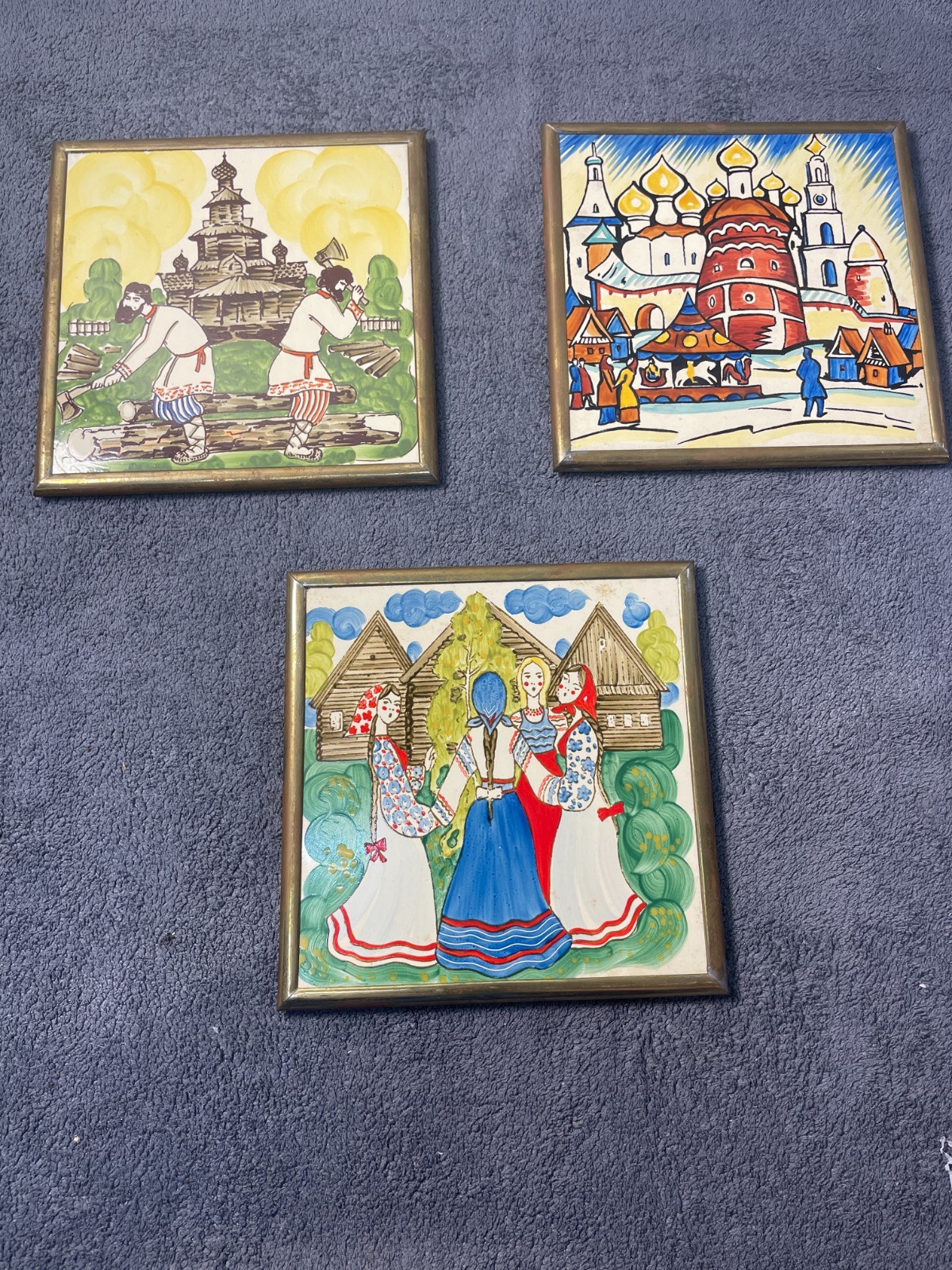 3 Vintage Soviet USSR Hand Painted Ceramic Tiles Framed 1970s Russian Folk Art