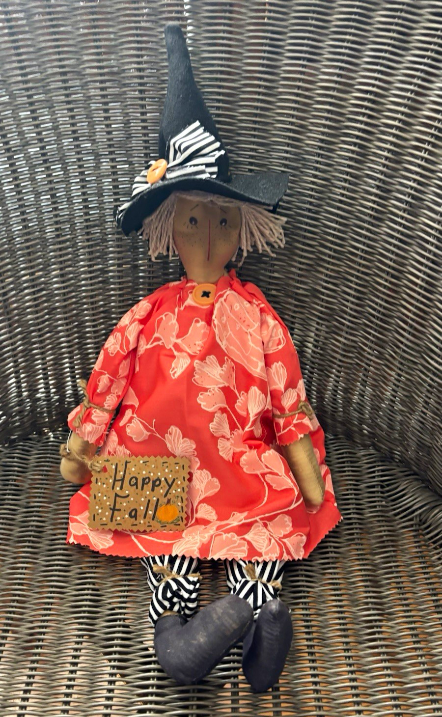 OOAK Halloween Fall Fabric Witch Figurine 3D Effect Orange Dress Happy Fall