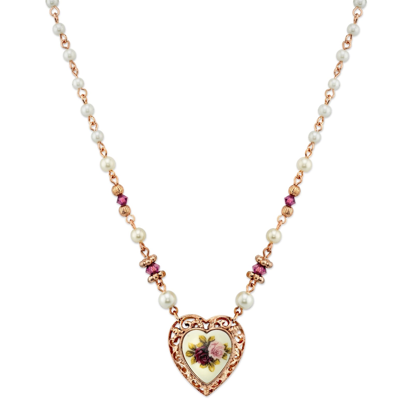 1928 Jewelry Rose Faux Pearl Purple Flower Heart Necklace 15