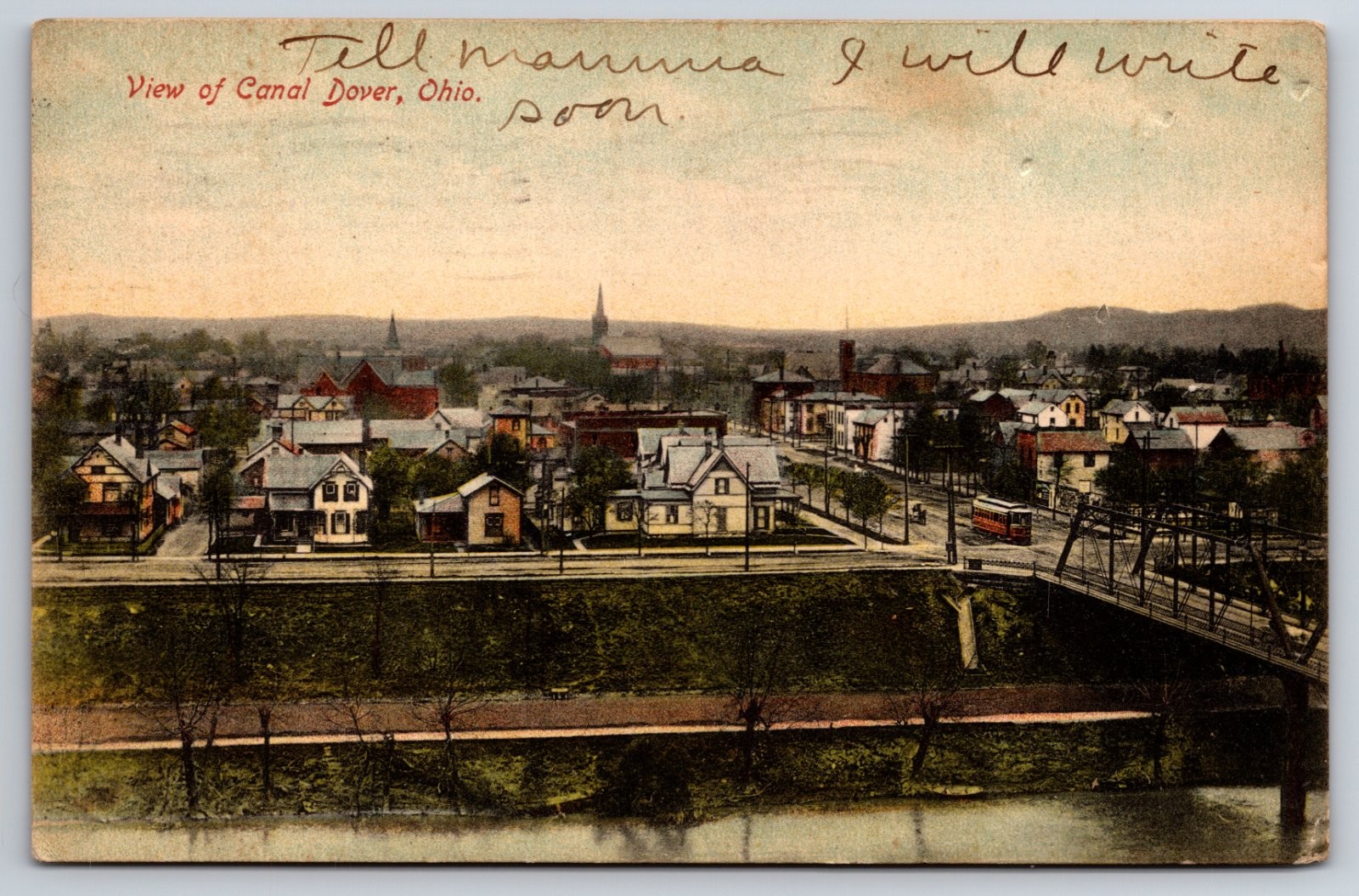 Canal Dover Ohio Canal Bridge Streetcar Trolley Birdseye View Postcard