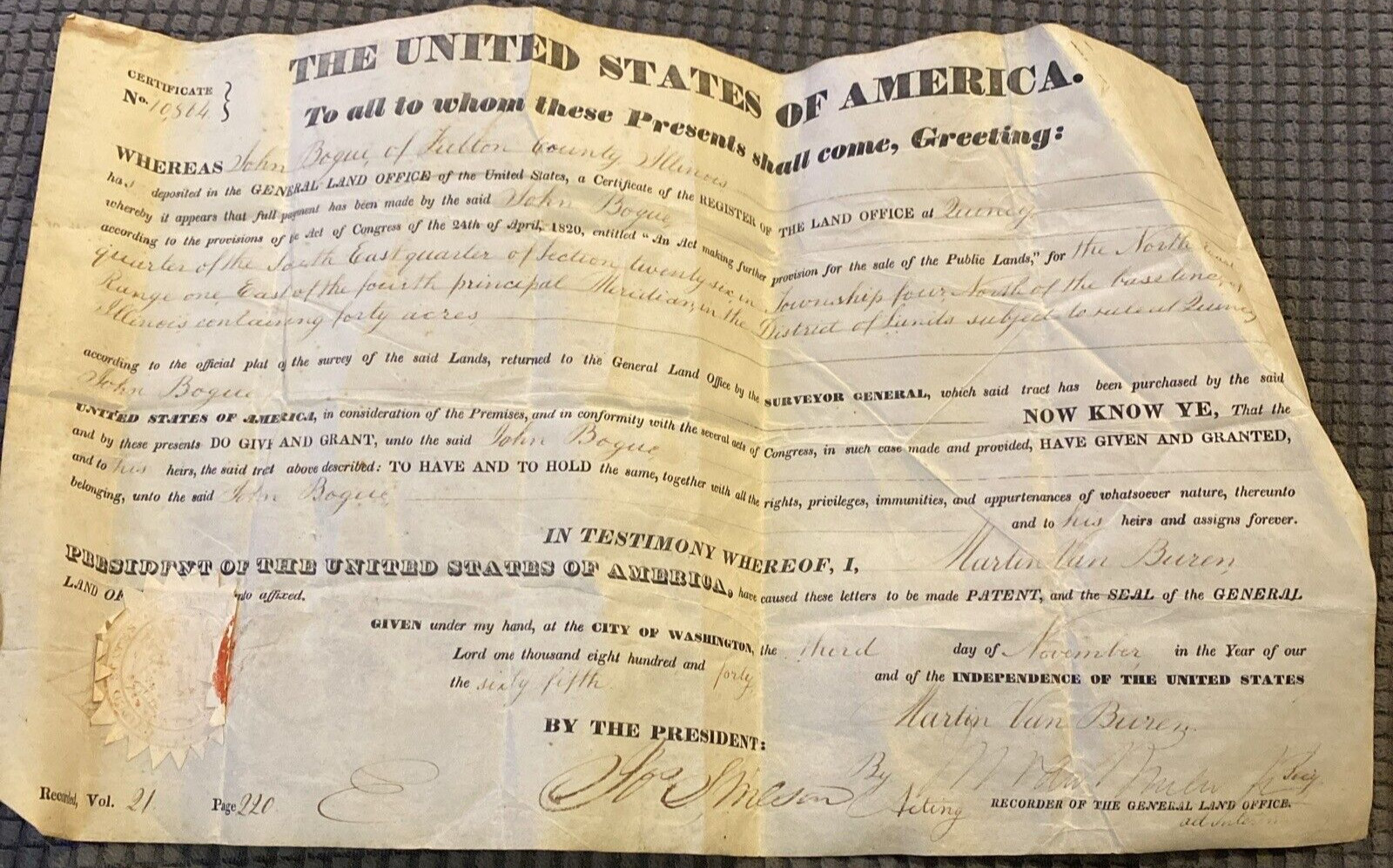 1840 US Land Grant To John Bogue-Fulton Co. Ill.- Martin Van Buren