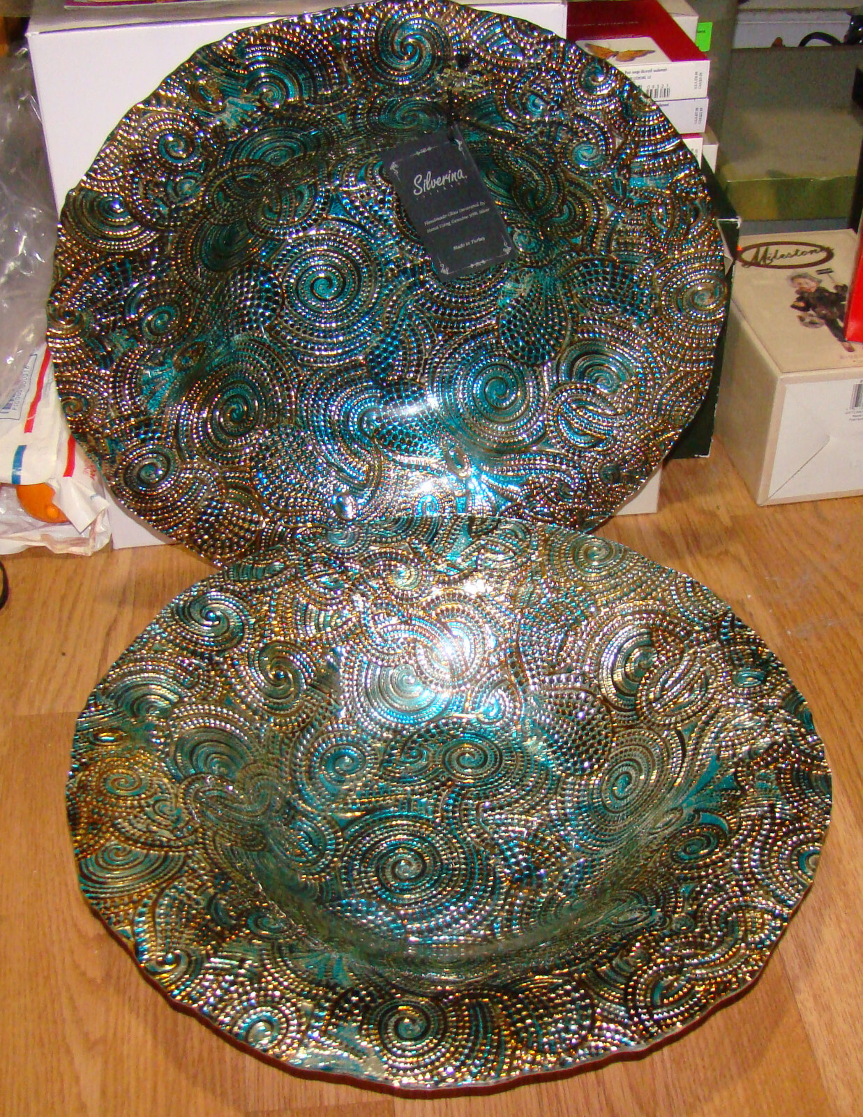 2x Akcam Silverina Handmade Blue, Gold Glass Bowl 15.5\